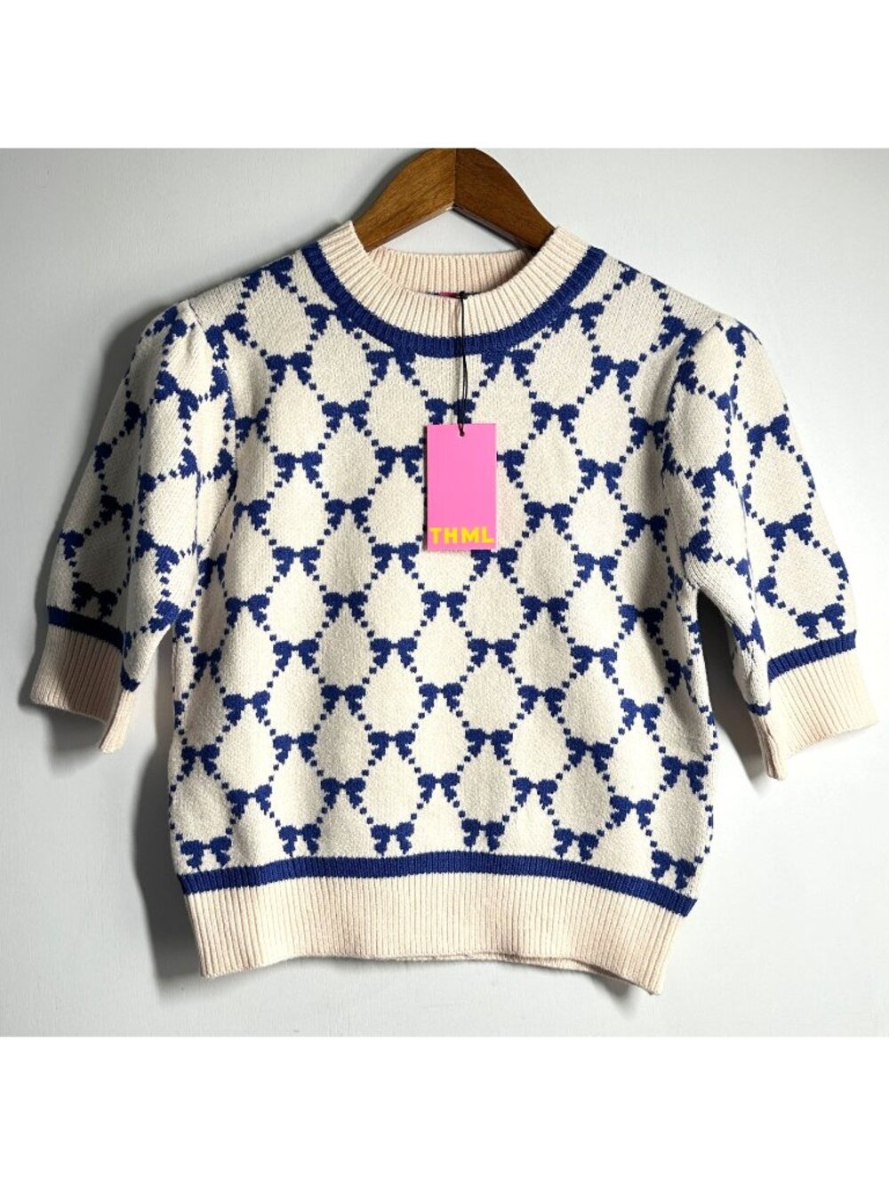 THML Women’s XS Cream Blue Bow Print Puff Sleeve Knit Sweater Top NWT